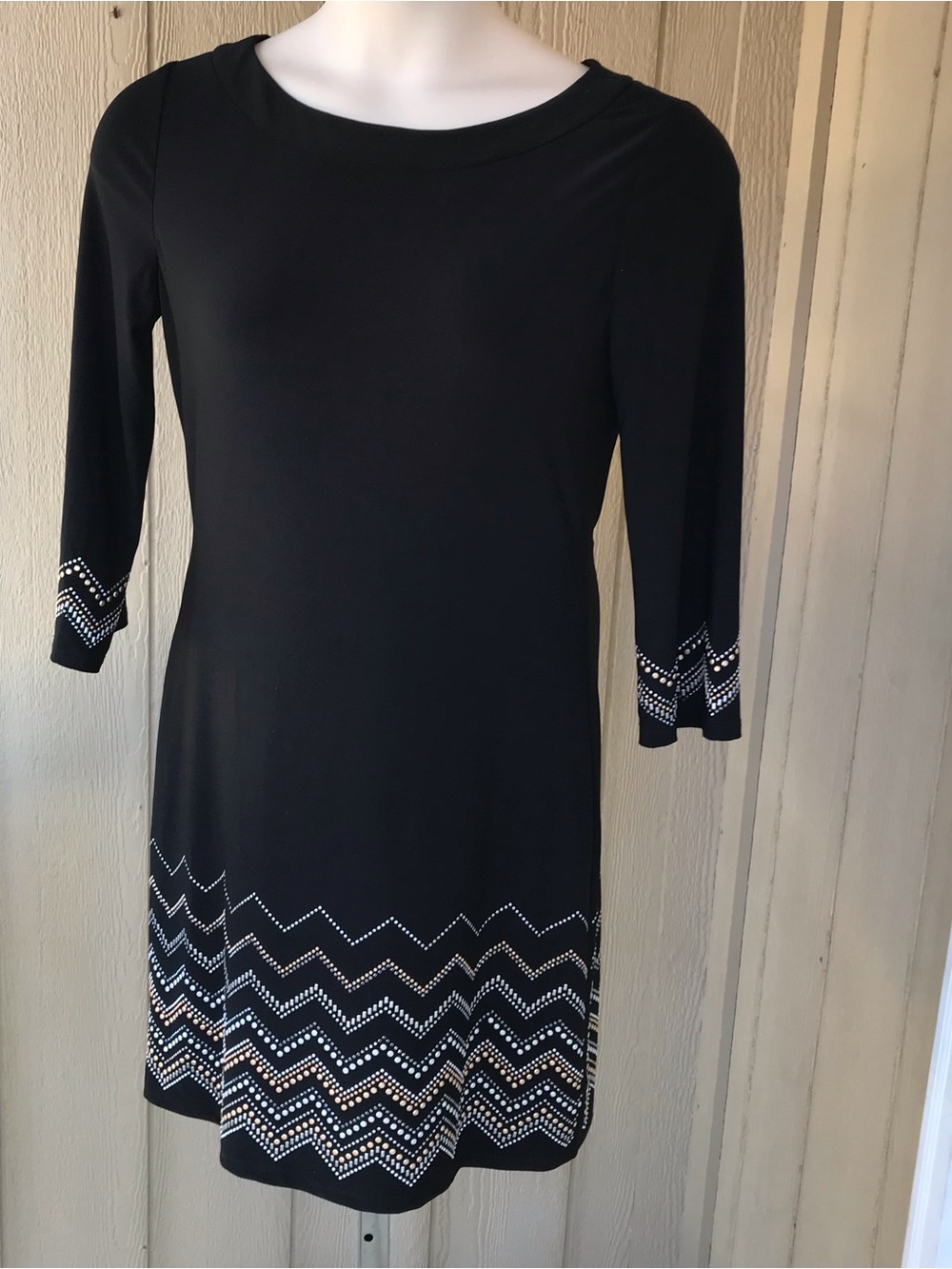White House Black Market Black Long-Sleeve Dress with Chevron Stud Trim